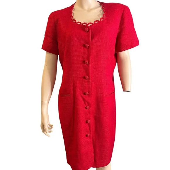 Vtg JNY Cherry Red Button Down Dress Sz 16 Corpcore Granny Goodness 90s Luxury - Picture 1 of 5
